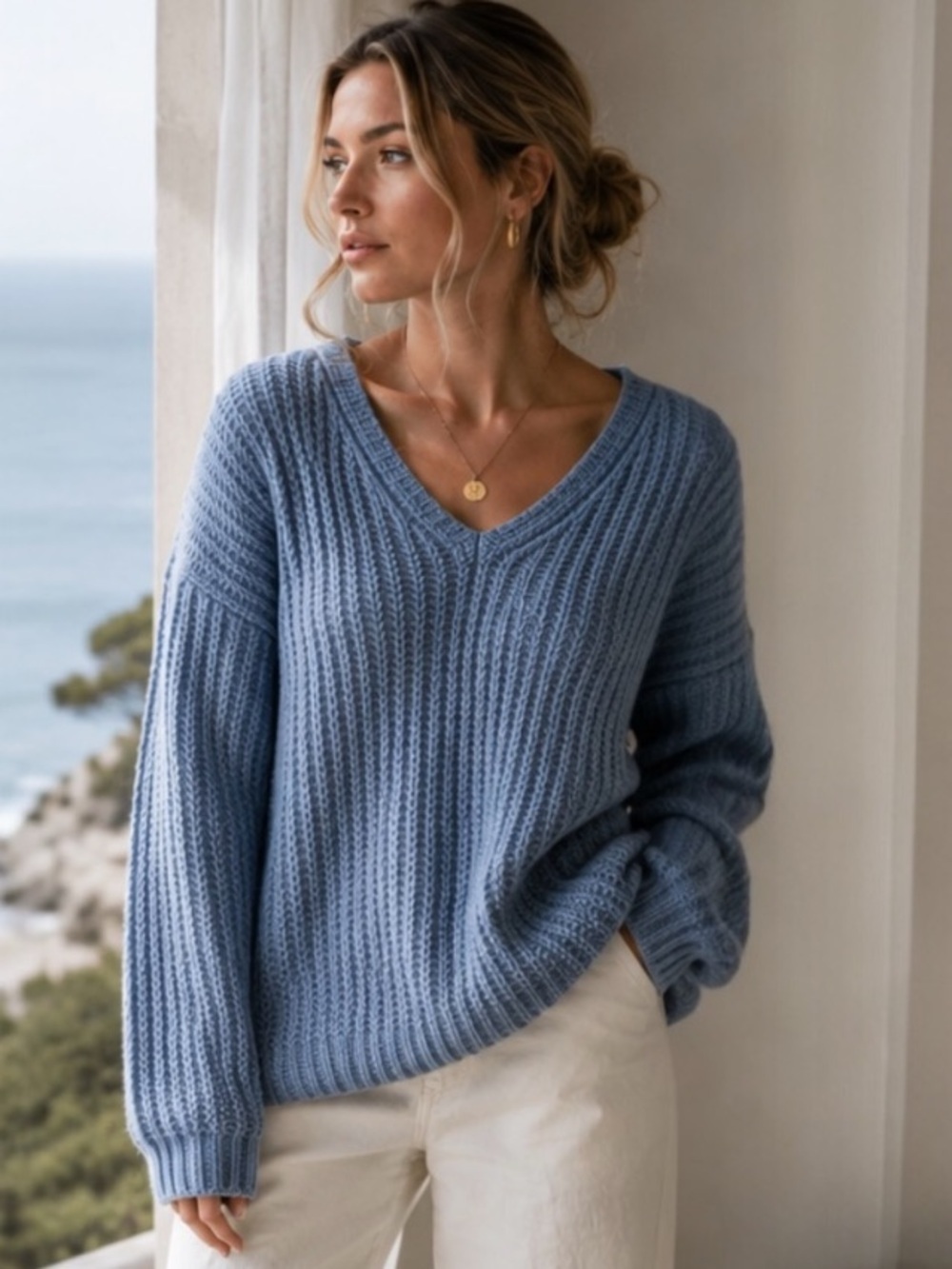 Rebecca Minkoff “Dorit” Soft Blue Ribbed V-Neck Sweater | Chunky Cozy Chic